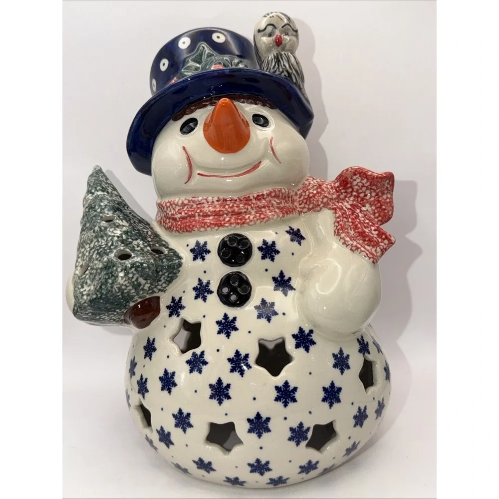 Polish Pottery Snowman Tea Light UNIKAT Winter Snowflake 11.5